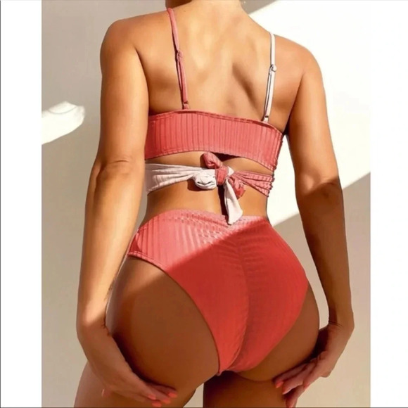 Boho Wrap Color Block Bikini | High Waisted Two Tone Swimsuit Set - Picture 2 of 4